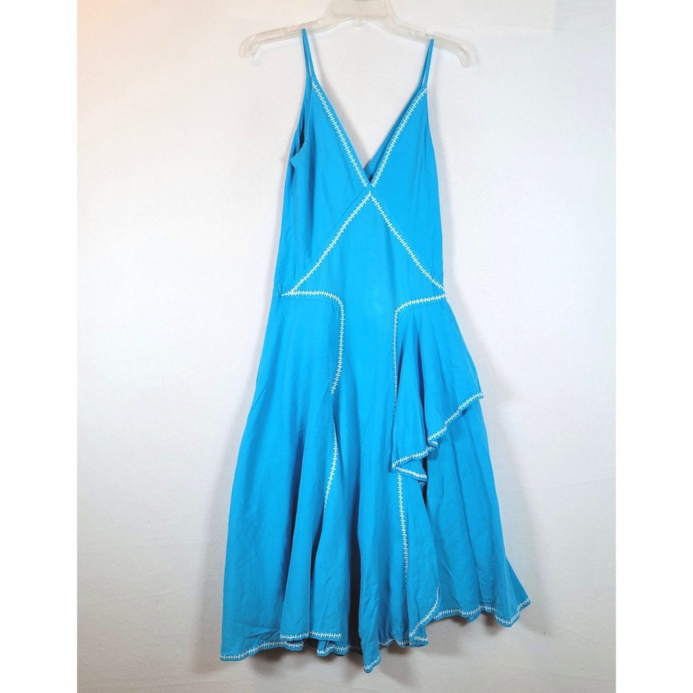 Esteban Cortazar Womens Aqua Linen Stitch Spanish Midi Dress Size Medium Blue